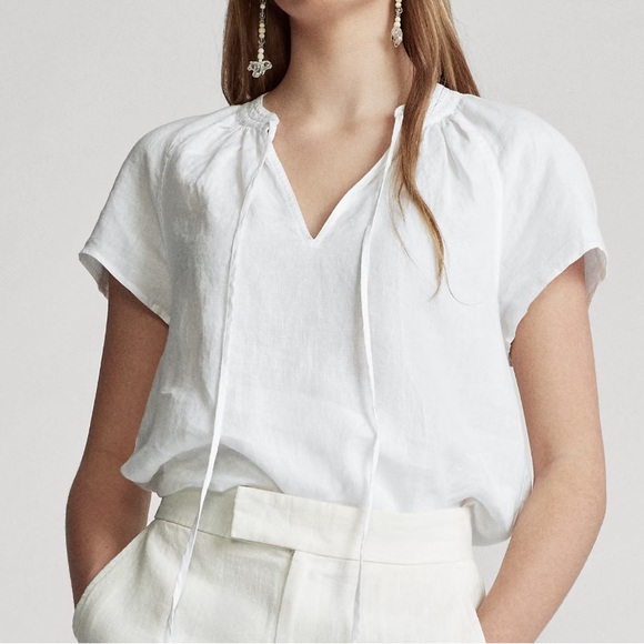 NWT Polo Ralph Lauren Crisp White Linen V-neck Tie Front Top XL - Picture 2 of 10